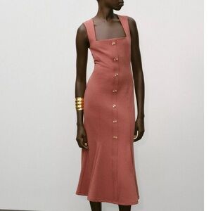 NWT Zara Buttoned Piqué Dress Midi Sleeveless A-line Terracotta Orange Small